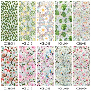 Details of window film, rainbow prism static stickers with various botanical patterns.