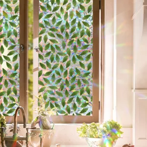 Rainbow window film privacy static cling decorative green leaf glass sticker decor