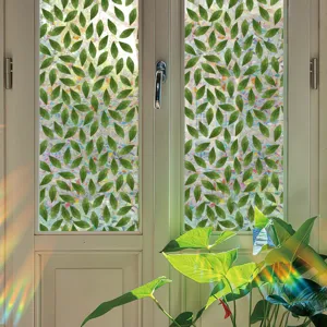Colorful leaf static window film, rainbow prism glass sticker for home decoration, detail view.