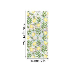 Lemon window film detail showing watercolor leaf pattern and exact dimensions of one sticker.