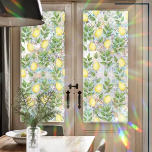 Rainbow window film detail showing vibrant lemon pattern and prism light effect on glass.