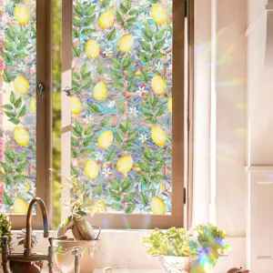 Close up view of decorative window film with lemon pattern and stunning rainbow light effect.