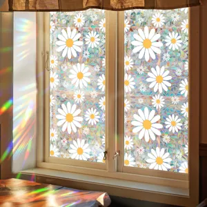 Prismatic rainbow window film detail showing daisy patterns and colorful light reflections.