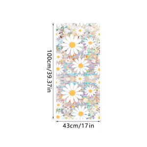 Holographic daisy window film detail with prism rainbow effect and clear dimension specs