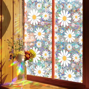 Holographic daisy window film detail view, colorful rainbow prism sticker for glass decoration.