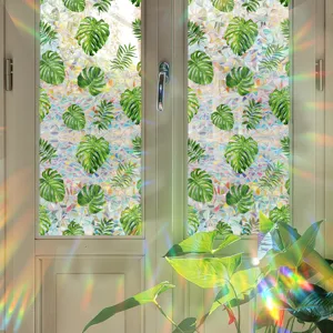Rainbow window film sun catcher with tropical leaf pattern for home decor glass sticker.