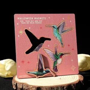 Houten kolibrie koelkastmagneten Halloween decor detail, uitdrukbare magnetische sticker set.