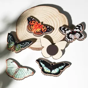 Wooden butterfly fridge magnets set, decorative magnetic stickers for home kitchen decor and display.