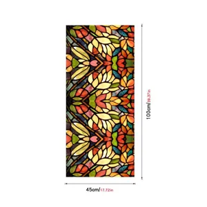 Detailed view of colorful retro stained glass window privacy film, static cling PVC design.