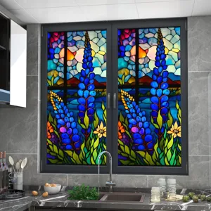 Static stained glass window film, vintage floral PVC adhesive-free glass sticker for home, bathroom