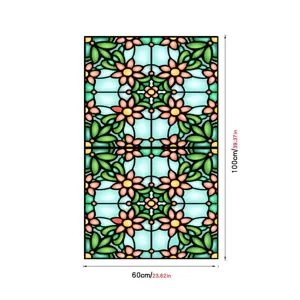 Retro stained glass window film detail showing floral pattern and dimensions 60x100cm.