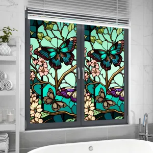 Stained glass window film with vintage butterfly and flower design, static cling privacy PVC.