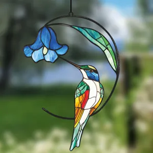 Stained glass hummingbird and blue flower window hanging suncatcher detail view nice