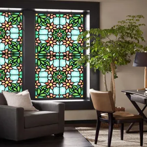 Vintage floral stained glass window film, static cling PVC decorative privacy sticker for home.