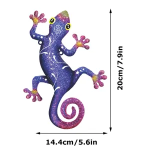 Metal gecko wall art outdoor garden fence hanging decoration with glitter purple finish.