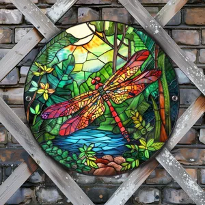 Placa colgante de metal de libélula estilo vidriera, decoración de pared de jardín exterior.