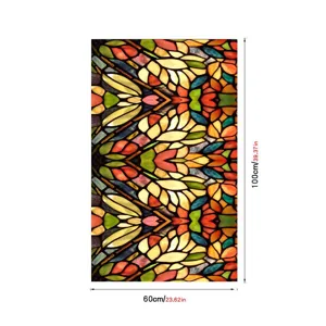 Detailed view of colorful retro stained glass window film, static cling PVC privacy sticker.