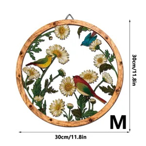 Wooden metal wall hanging decor with daisy and bird motifs, 30cm size M for home.