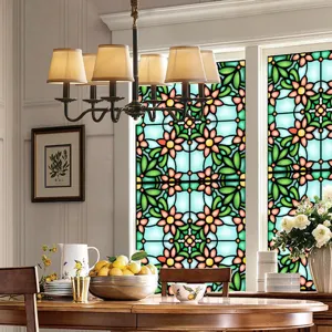 Decorative stained glass window film with colorful vintage floral design, static cling PVC film.