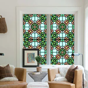 Static cling window film with colorful retro floral stained glass design for home privacy.