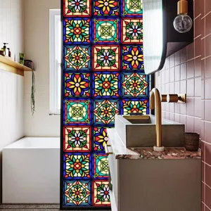 Decorative static window film with colorful vintage floral stained glass design for bathroom privacy.
