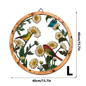 Wooden iron wall hanging flower decor with colorful birds, rustic round art for home decor