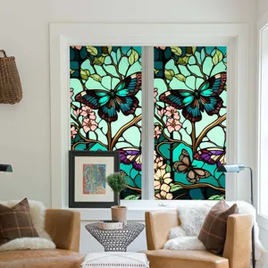 Stained glass window film, retro butterfly flower privacy window sticker for home decor.