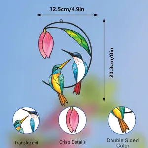 Detailed view of stained glass hummingbird and flower window hanging with dual-sided color.