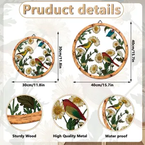 Wooden metal wall art hanging flower bird decor round sculpture 30cm 40cm waterproof