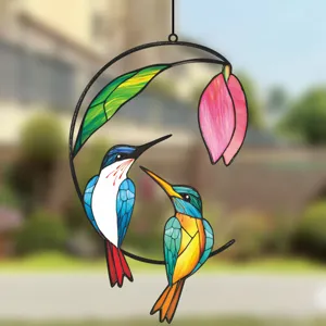 Double-sided hummingbird stained glass window hanging suncatcher metal wall decor art.