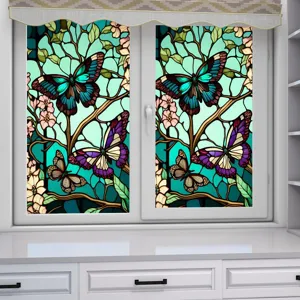 Retro stained glass butterfly window film static cling privacy glass sticker for home decor.