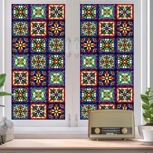 Retro stained glass window film, colorful floral static cling PVC glass sticker for home decor.