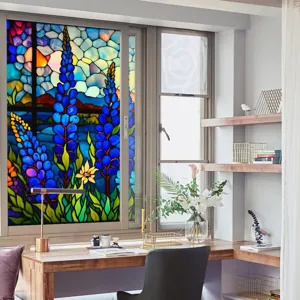 Decorative stained glass window film, static cling PVC floral privacy sticker for home use.