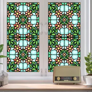 Detail view of colorful retro flower electrostatic glass window film, removable PVC privacy film.