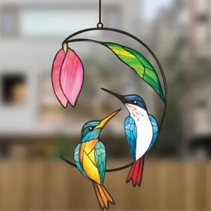 Stained glass hummingbird metal hanging decor detail, vibrant double-sided window ornament.