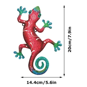Metal gecko wall art outdoor garden fence hanging decoration with sparkling glitter and bright colors.