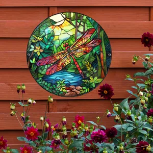 Decoración de pared de metal para jardín, estilo vidriera de libélula para casa.
