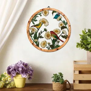 Wooden and iron metal wall art hanging with floral daisy and bird design for home decor.
