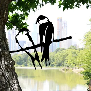 Metal bird silhouette garden stake, outdoor decor, black iron art ornament for yard.