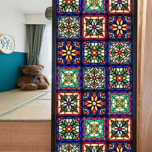 Vintage floral stained glass window film, static cling PVC decorative privacy sticker for home decor.