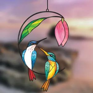 Stained glass bird suncatcher window hanging ornament, double sided metal art home decor