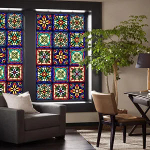 Detail view of retro stained glass window film applied on home glass for privacy and decor.
