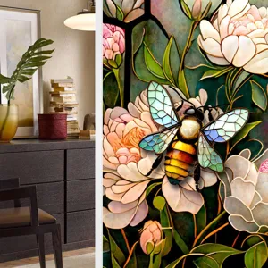 Close-up detail of the colorful stained glass window film featuring elegant floral and bee patterns.