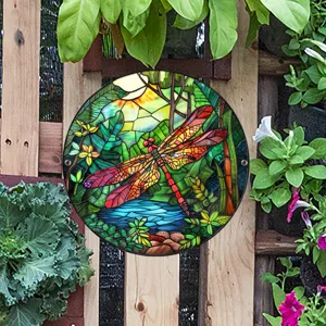 Placa colgante de jardin de libelula de vidriera arte de pared decorativo de metal para exterior