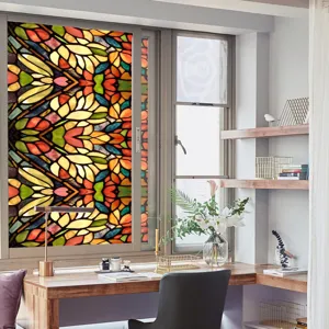 Colorful retro stained glass window film for home privacy, decorative PVC glass sticker.