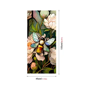 Stained glass window film detail, colorful floral and bee pattern, static cling design.