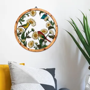Wooden metal wall hanging art featuring floral and bird design, ideal for home living room decor detail.