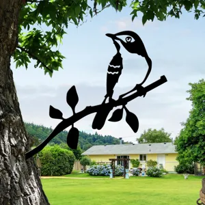 Metal bird tree silhouette garden stake, outdoor iron art branch decor for yard and patio.