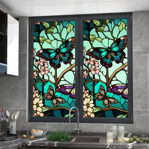 Stained glass window film static cling butterfly floral privacy sticker for home decor