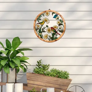 Wooden and iron metal wall hanging decor featuring flowers and birds for home and garden.